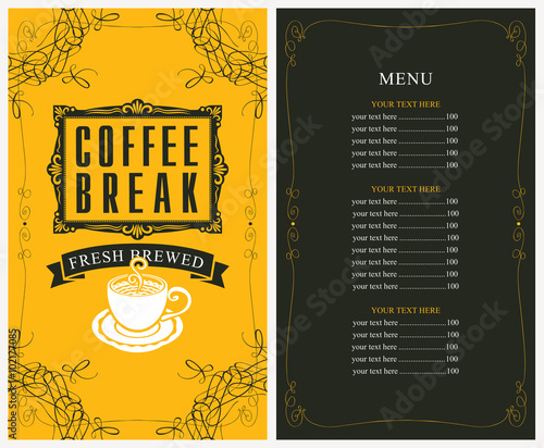 menu for a cafe with price list and a cup of coffee
