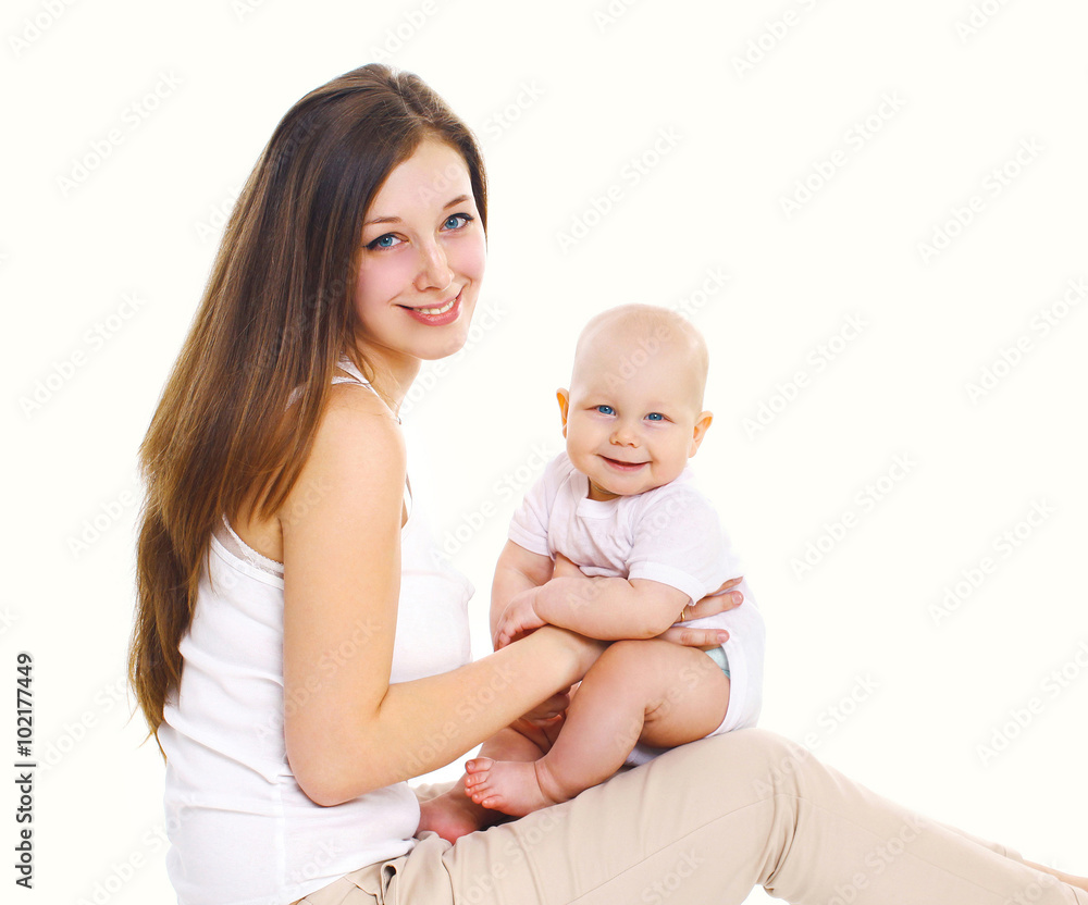 Happy young mother and baby on a white background Happy young mother and baby on a white background