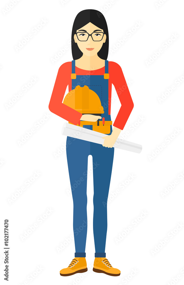 Fototapeta premium Engineer with hard hat and blueprint.