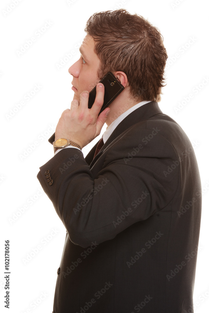 confused man talking on mobile phone smartphone confused man talking on mobile phone smartphone