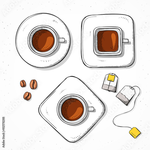 Isolated set cups, coffee bean, tea bag handmade in sketch style. Sketch of Tea Party. Cups for design cards and posters, collage and presentations, web design, background. Retro design. Vintage style