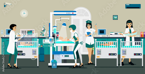 Doctors and nurses are caring for a newborn baby in the newborn.
