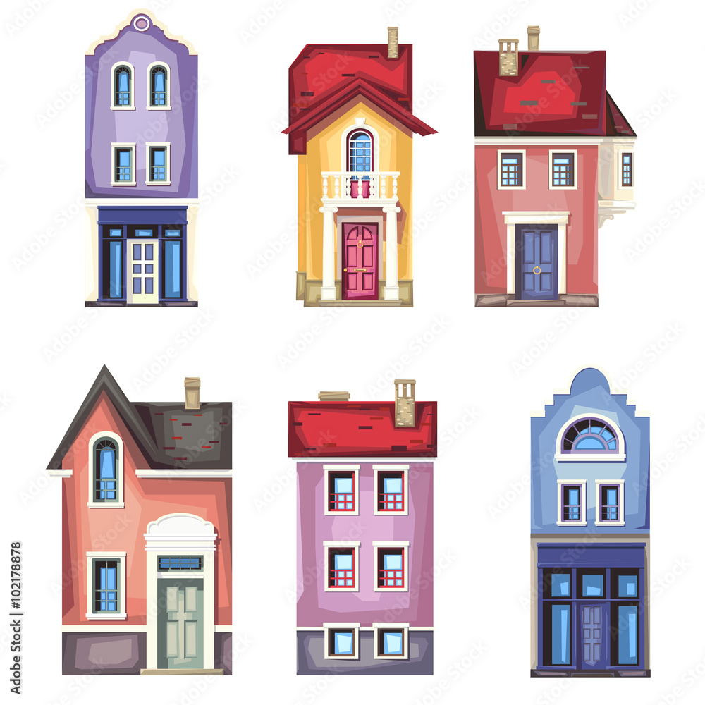 Old style building.Vector set of colorfull stylized facade.