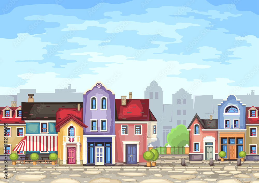 Small town street with coffee shop.Vector illustration of stylized colorfull city landscape.Old town .