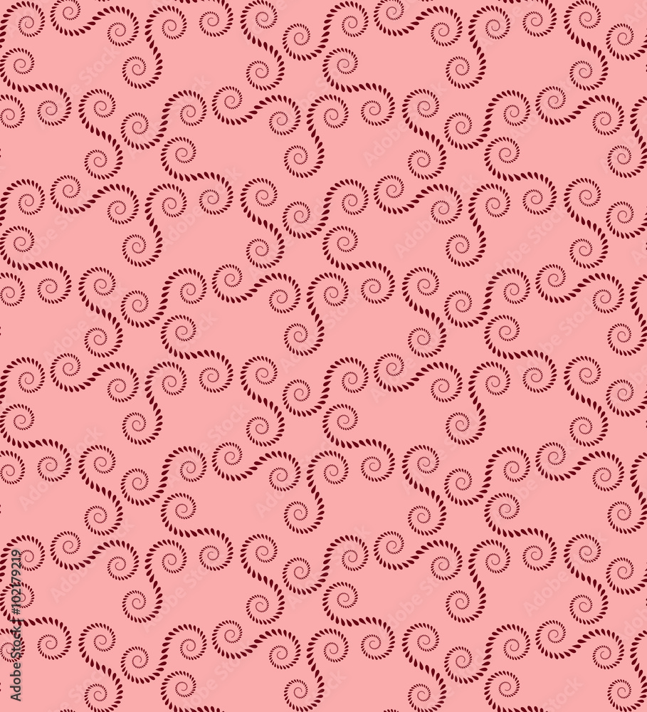 Spiral seamless lace pattern. Vintage texture. Abstract twirl figures of laurel leaves. Vinous, rose, contrast colored background. Vector 