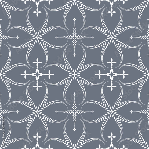 Religion seamless pattern. Laurel wreath, lace view texture with cross. Ceremonial, funeral background. Swirl stylized ornament. Gray, contrast colored. Vector 