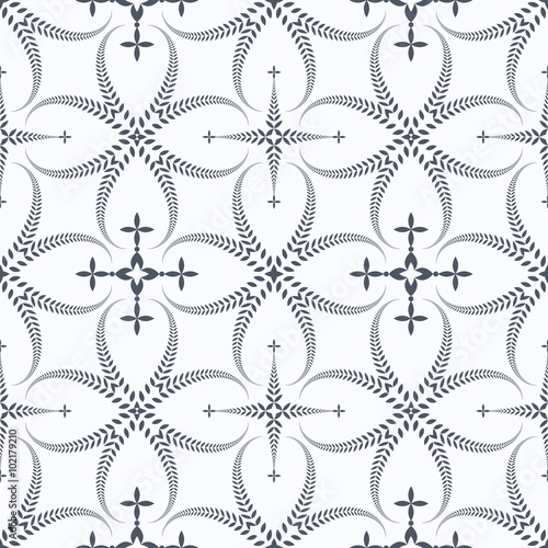 Religion seamless pattern. Laurel wreath, lace view texture with cross. Ceremonial, funeral background. Swirl stylized ornament. Gray, contrast colored. Vector 