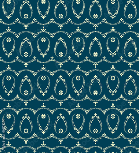 Religion seamless pattern. Laurel wreath, lace view texture with cross. Ceremonial, funeral background. Swirl stylized ornament. Yellow, blue colored. Vector 