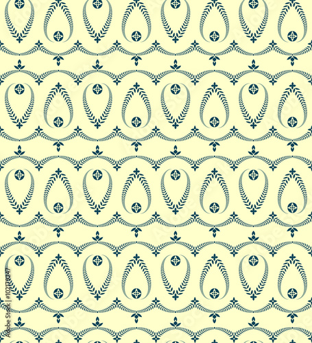 Religion seamless pattern. Laurel wreath, lace view texture with cross. Ceremonial, funeral background. Swirl stylized ornament. Yellow, blue colored. Vector 