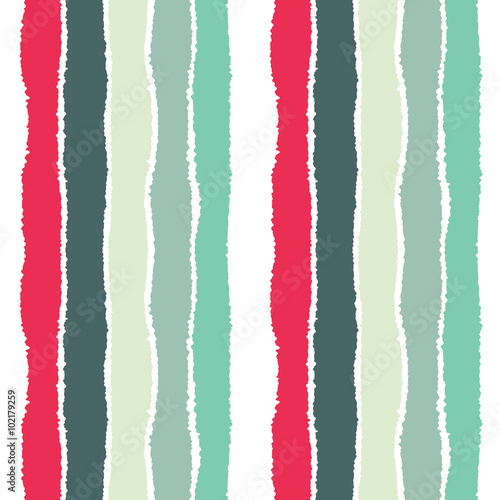 Seamless strip pattern. Vertical lines with torn paper effect. Contrast, gray, green, red white colored background. Winter theme. Vector