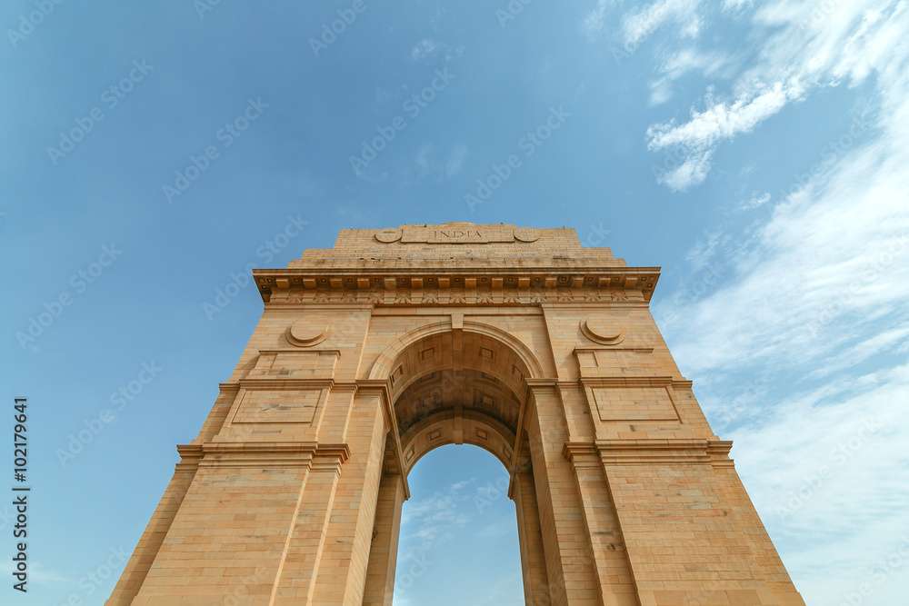 India Gate Memorial In New Delhi, India. On Blue Sky Background