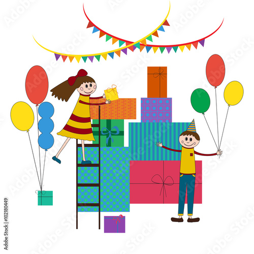 Cute illustration of happy children birtday paty with a lot of gifts and girl and boy on.