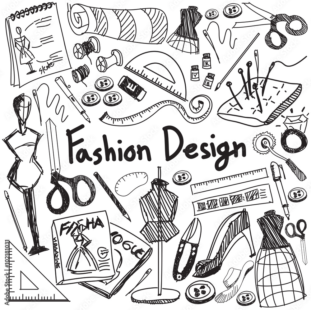 Fashion design education doodle icon tool sign symbol in white isolated  background paper used for designer presentation title with header text,  create by vector Stock Vector | Adobe Stock