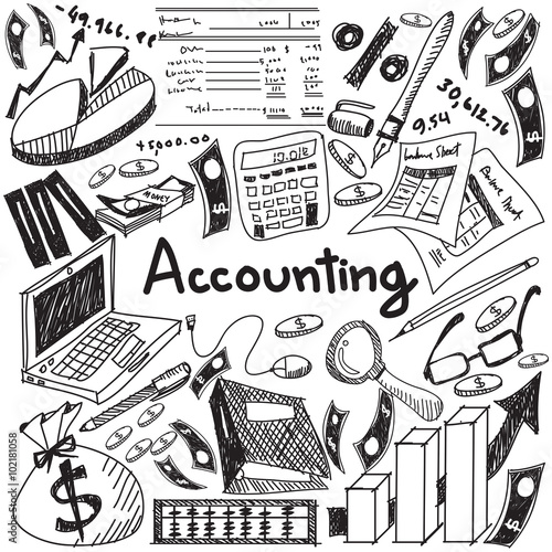 Accounting financial doodle icon of balance sheet banknote money and cost and revenue sign and symbol in isolated background paper for business presentation title (vector)