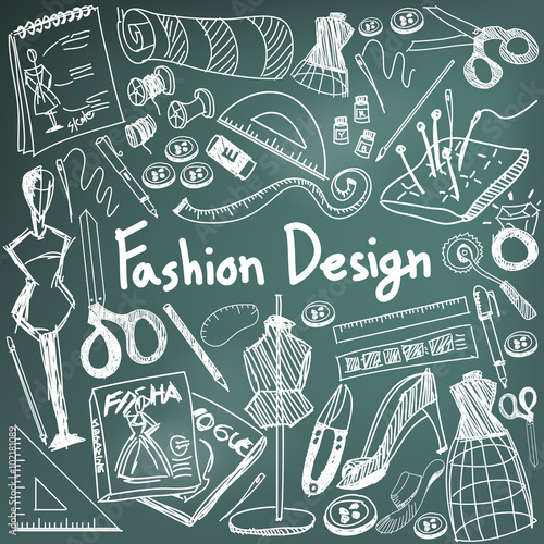 Fashion design education handwriting doodle icon tool sign and symbol in blackboard background used for designer presentation title with header text, create by vector