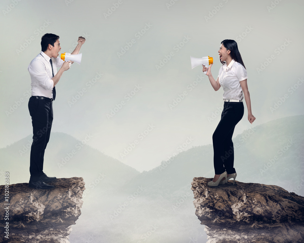 Asian business man and woman shout each other