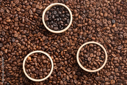 Various types of Coffee Beans in the wooden bolw, coffee bean background