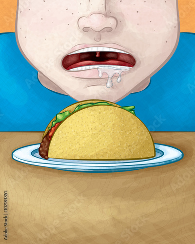 A hand drawn vector illustration of a hungry face drooling over a delicious slice of cake with pink frosting.