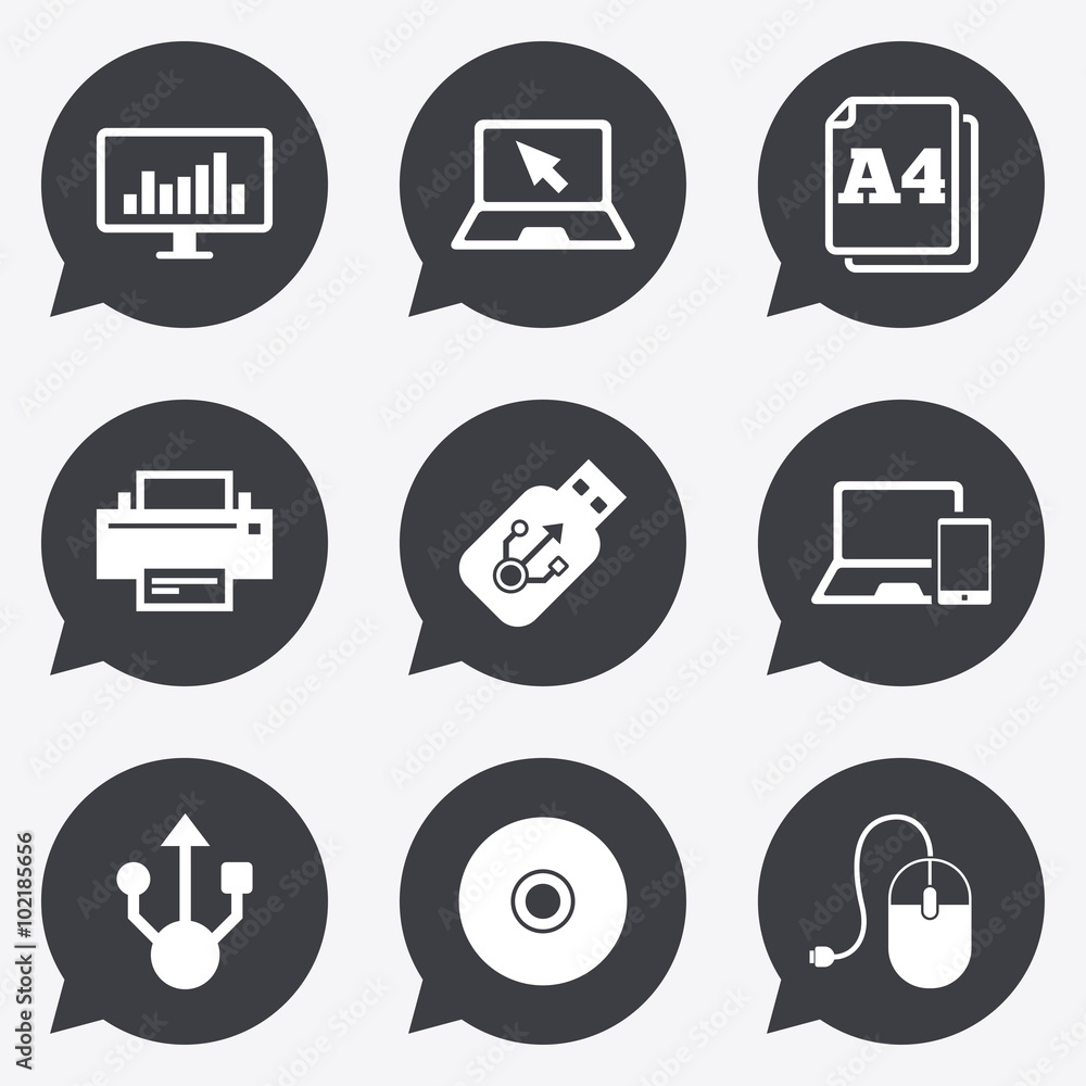 Computer devices icons. Printer, laptop signs. Computer devices icons. Printer, laptop signs.