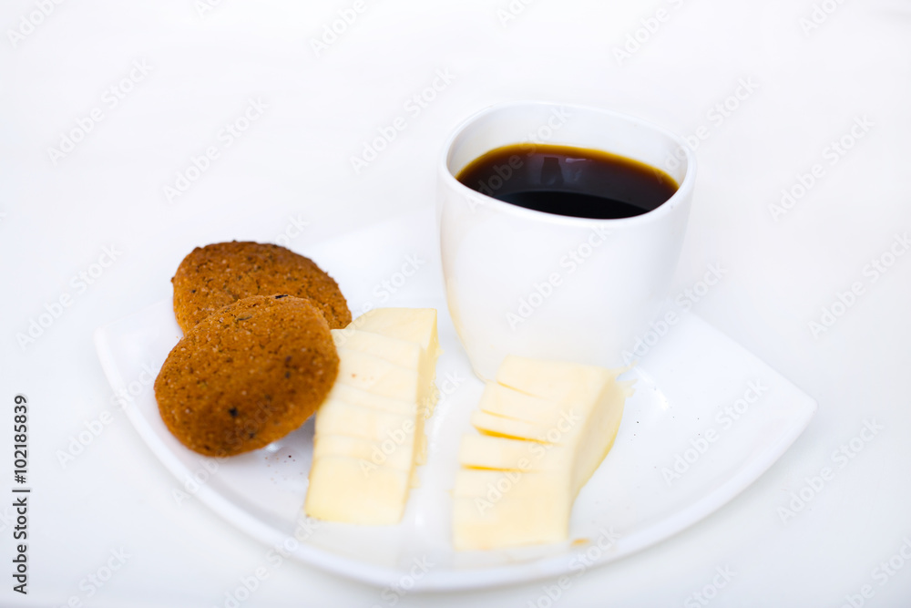 cup of coffee with chease and oat cookies cup of coffee with chease and oat cookies