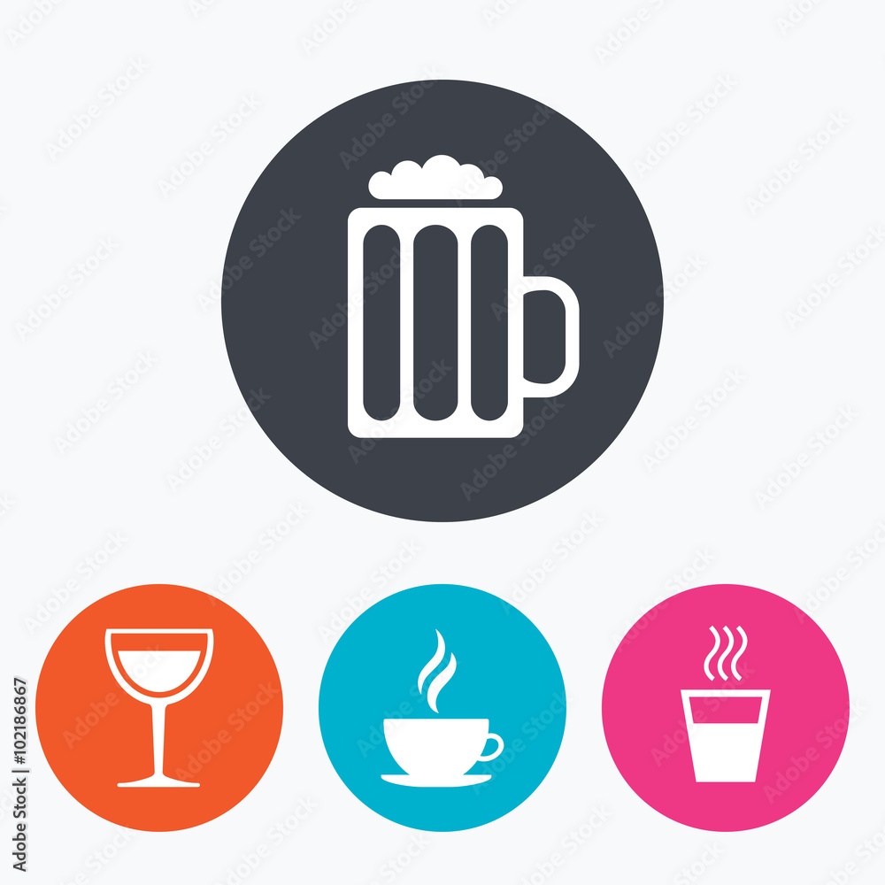 Drinks signs. Coffee cup, glass of beer icons. Drinks signs. Coffee cup, glass of beer icons.