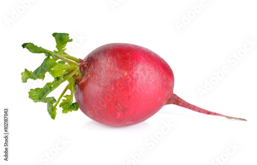 whole small radish with leaves on white background