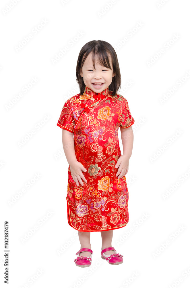 Little chinese girl in traditional dress smiles over white Little chinese girl in traditional dress smiles over white