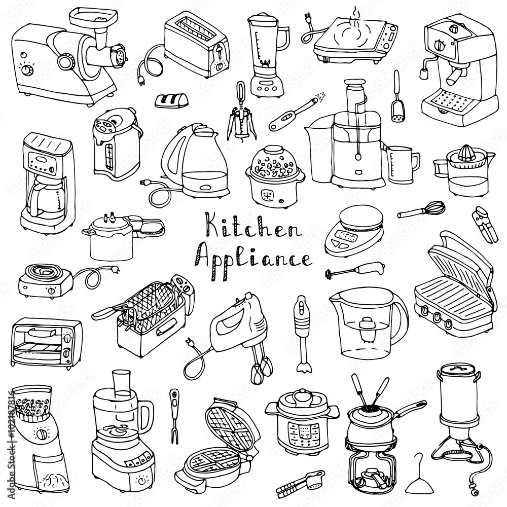 Hand drawn doodle Kitchen appliance vector illustration  Cartoon icons set Various household equipment and facilities Small kitchen appliances Consumer electronics Kitchenware Freehand vector sketch