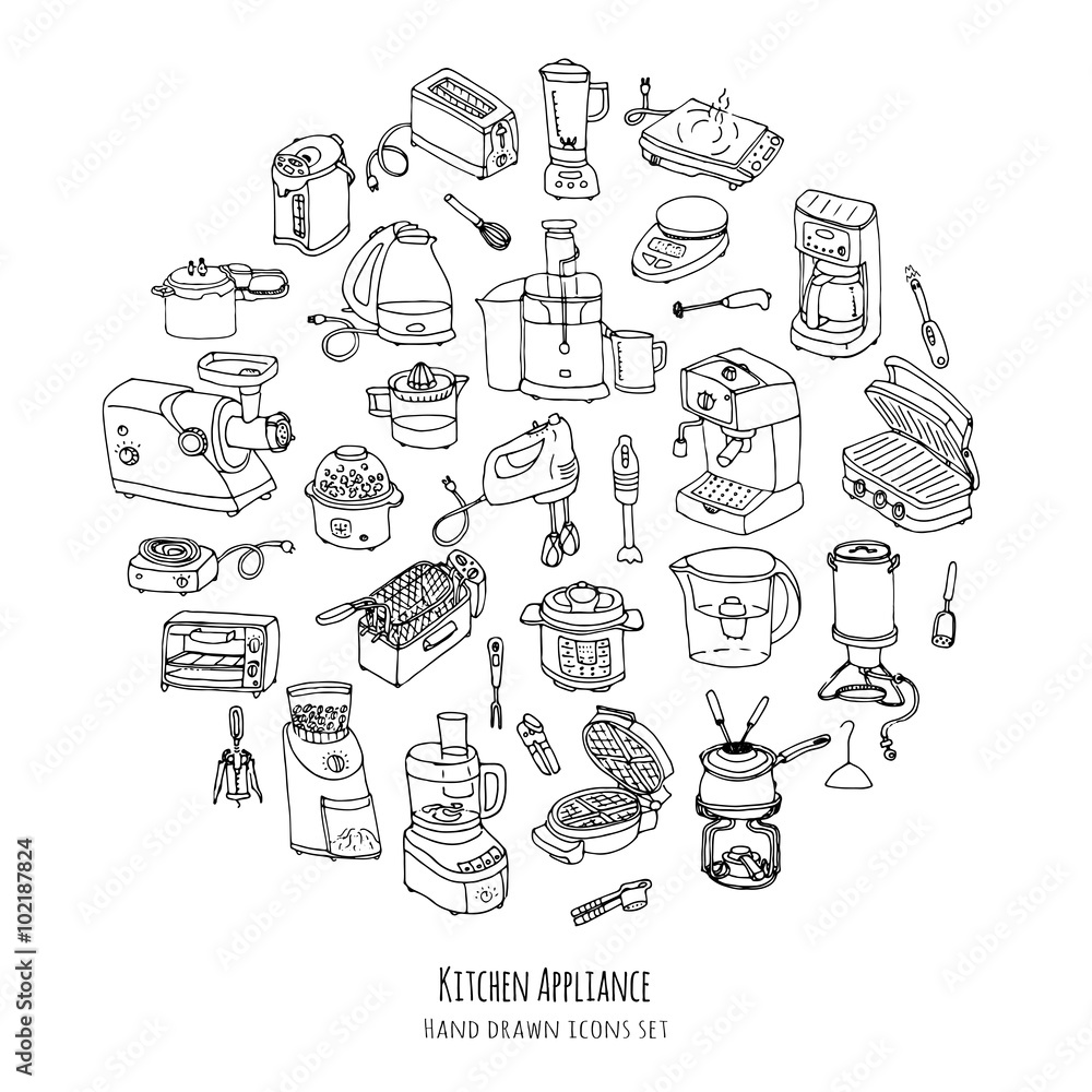 Hand Drawn Doodle Kitchen Appliance Vector Illustration Cartoon Icons Set Various Household 4966