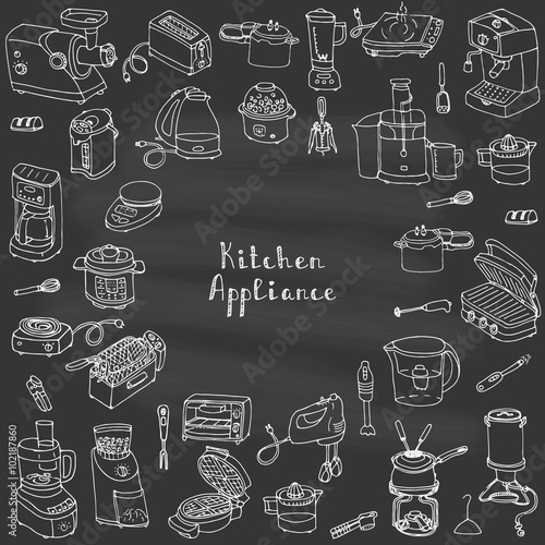 Hand drawn doodle Kitchen appliance vector illustration  Cartoon icons set Various household equipment and facilities Small kitchen appliances Consumer electronics Kitchenware Freehand vector sketch