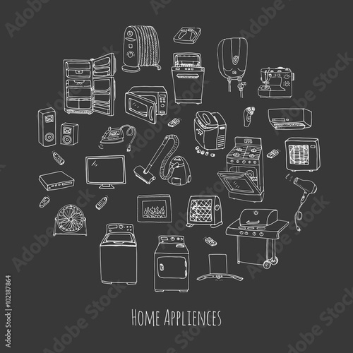 Hand drawn doodle Home appliance vector illustration Cartoon icons set Various household equipment and facilities Major and small appliances Consumer electronics Kitchenware Freehand vector sketches