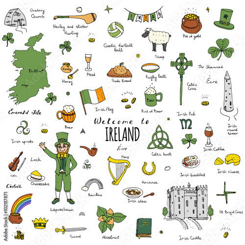Hand drawn doodle Ireland set Vector illustration Sketchy Irish traditional food icons Republic of Ireland elements Flag Map Celtic Cross Knot Castle Leprechaum Shamrock Harp Pot of gold Travel icons