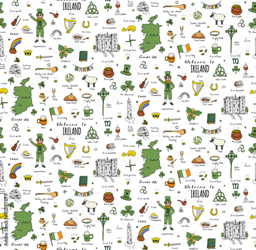 Seamless background hand drawn doodle Ireland set Vector Travel illustration Sketchy Irish traditional food icons Republic of Ireland elements Flag Map Celtic Cross Knot Castle Leprechaun Shamrock