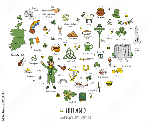 Hand drawn doodle Ireland set Vector illustration Sketchy Irish traditional food icons Republic of Ireland elements Flag Map Celtic Cross Knot Castle Leprechaun Shamrock Harp Pot of gold Travel icons