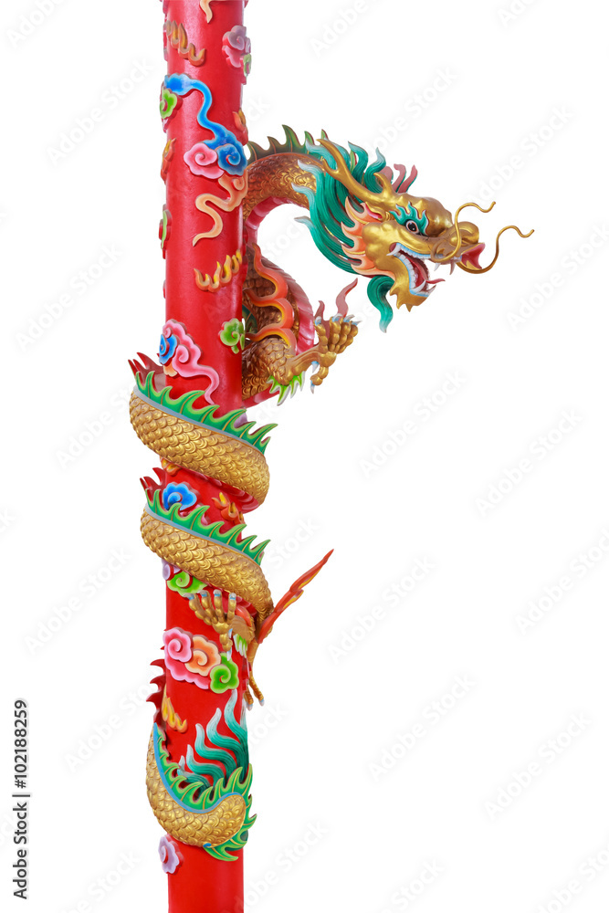 golden Chinese dragon on the red pole