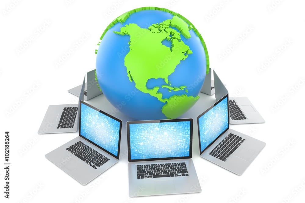 Laptop network around earth globe. 3d render Laptop network around earth globe. 3d render