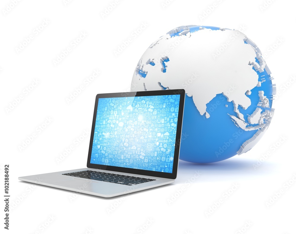 Laptop network and earth globe. 3d render Laptop network and earth globe. 3d render
