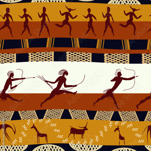 Seamless african texture with figures of primitive people and an