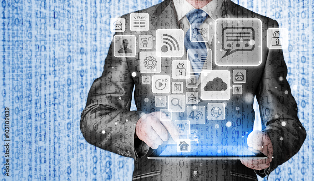Business man using tablet PC with social media icon set Business man using tablet PC with social media icon set