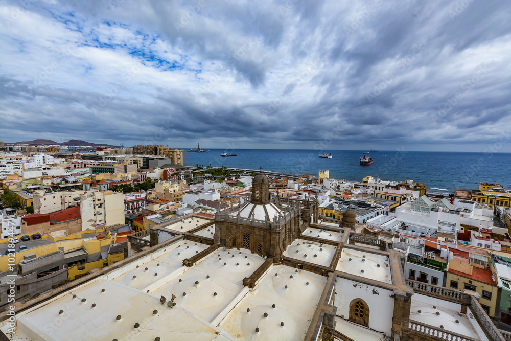 Panoramic view of Las Palmas de Gran Canaria on a cloudy day, view from the Cathedral of Santa Ana
