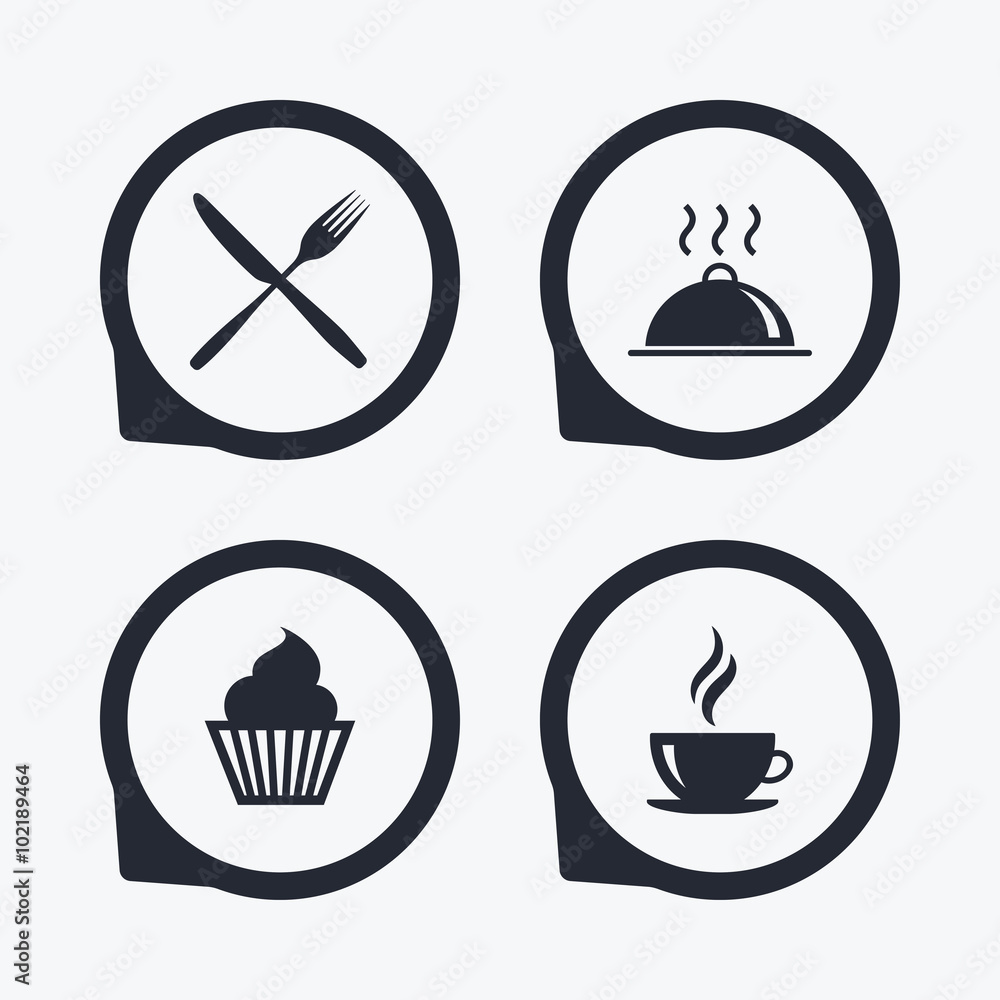 Food icons. Muffin cupcake symbol. Fork, knife. Food icons. Muffin cupcake symbol. Fork, knife.