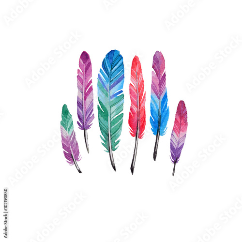 Set of six different colored feathers in watercolors