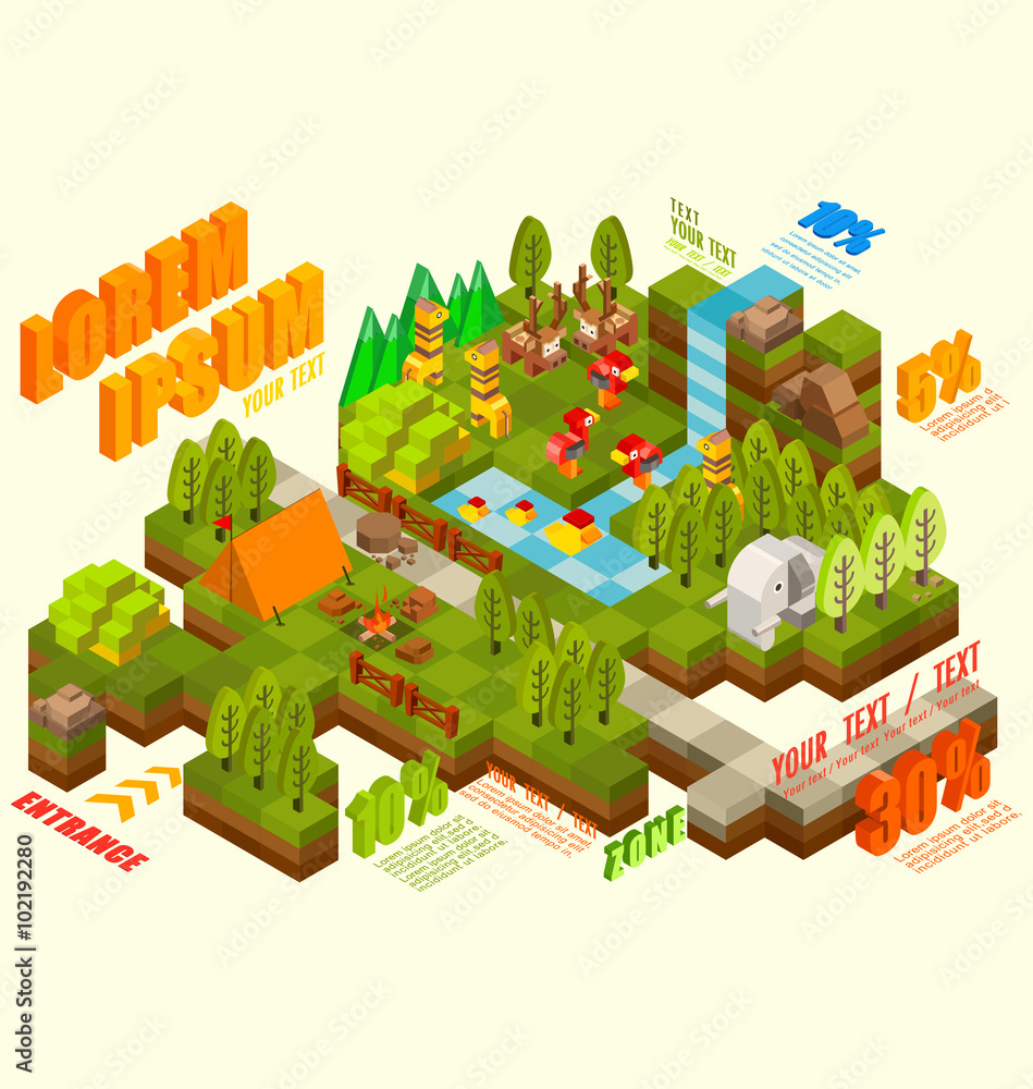 Naklejka premium Flat 3d isometric jungle with wild animal, Infographic elements collection