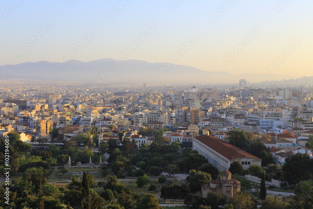 Athens view from Acropolis hill at the sunrise, Greece