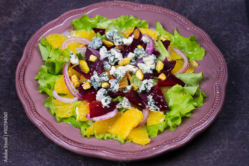 Orange, Beetroot, Blue Cheese, Red Onion and Pistachios Salad