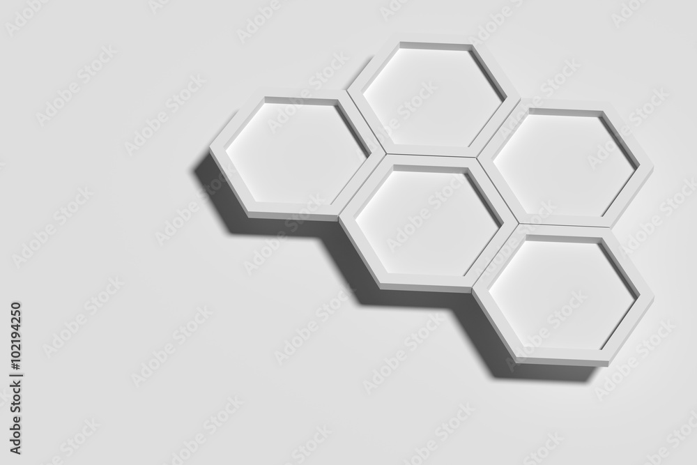 Five white three-dimensional hexagons on white background Five white three-dimensional hexagons on white background