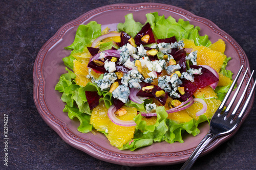 Orange, Beetroot, Blue Cheese, Red Onion and Pistachios Salad