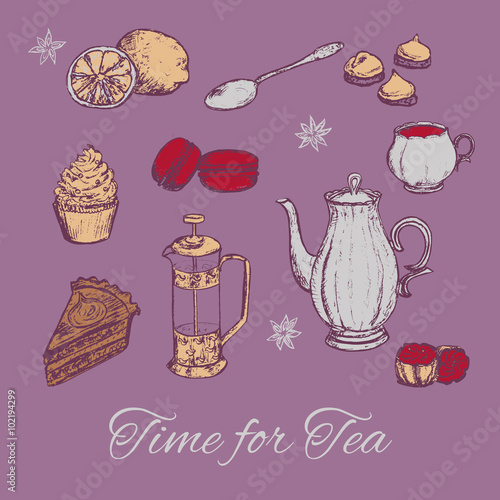 Hand draw tea party vector illustration. Tea background with cakes and some sweets. 