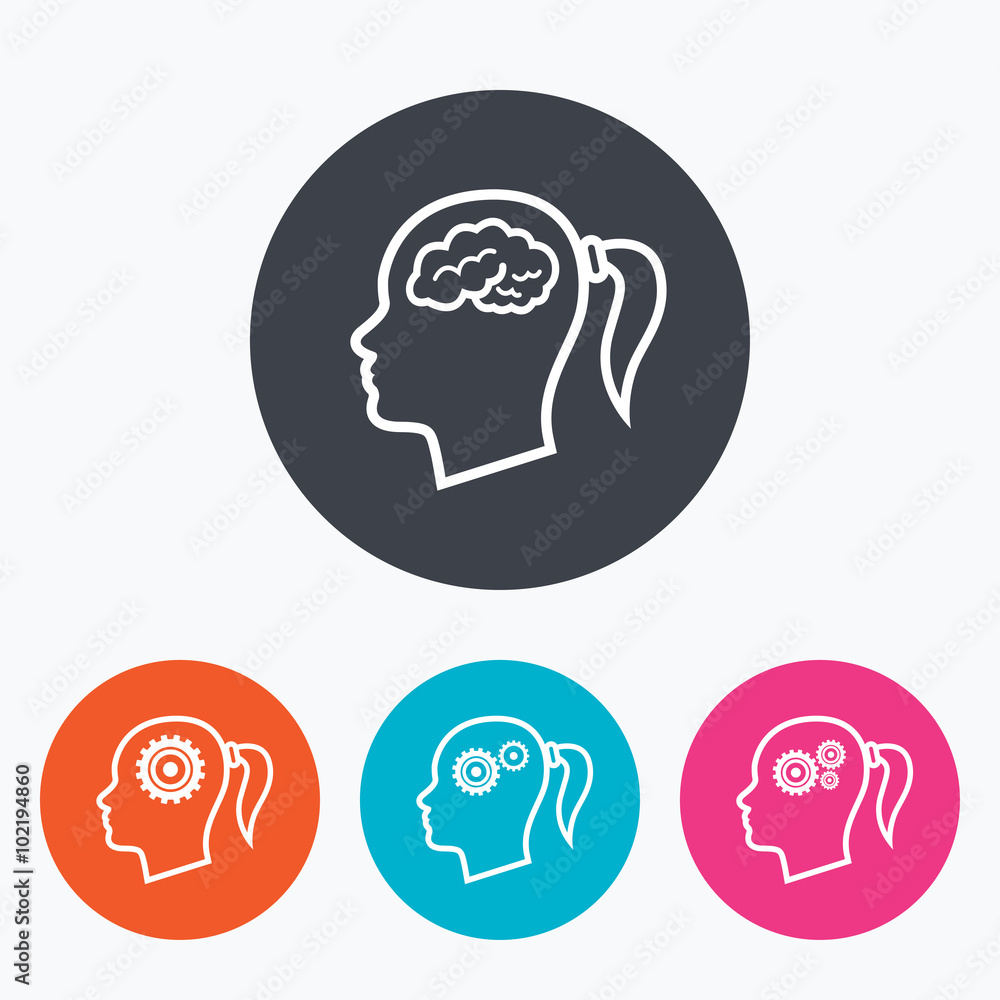 Head with brain icon. Female woman symbols. Head with brain icon. Female woman symbols.