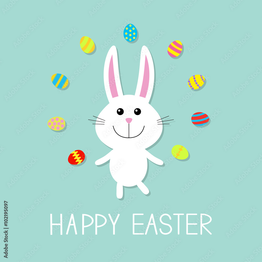 Happy Easter. Cute bunny rabbit juggles egg. Flat design. Happy Easter. Cute bunny rabbit juggles egg. Flat design.